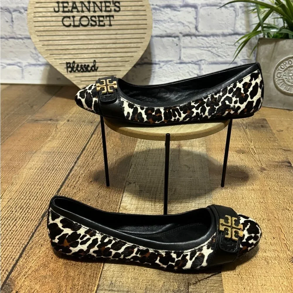 Tory Burch Eloise 2 Calf Hair Ballet Flats Shoes Leopard Black Size 6.5 M